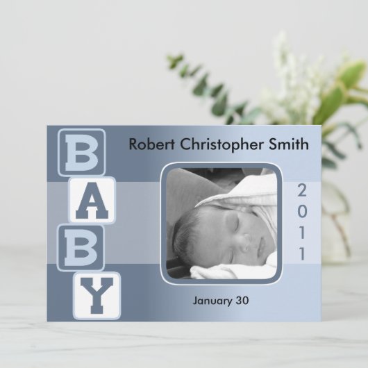 Foto geboorteaankondiging - Baby Boy met Blokken Aankondiging (Staand voorkant)