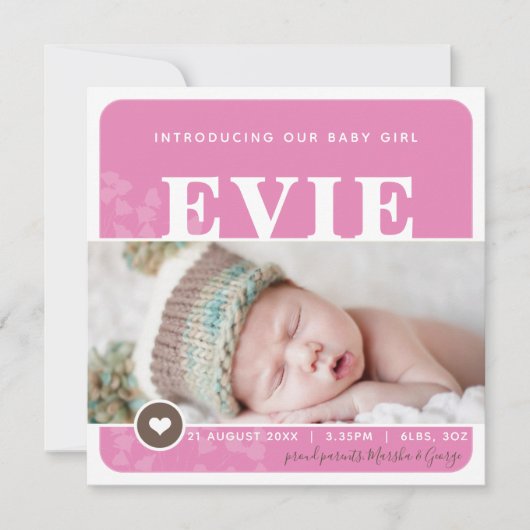 FOTO GEBOORTEAANKONDIGING hartvlek roze botanisch Aankondiging (Voorkant)