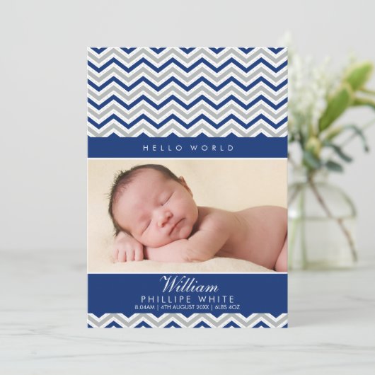 FOTO GEBOORTEAANKONDIGING sweet chevron royal blue Aankondiging (Staand voorkant)