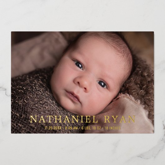 Foto geboorteaankondiging van de moderne Gold Foil Folie Uitnodiging (Voorkant)