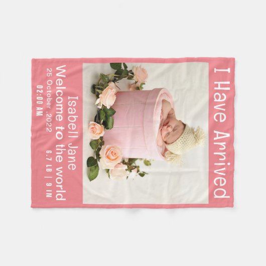 Foto geboorteaankondiging van de moderne roze baby fleece deken (Voorkant (Horizontaal))