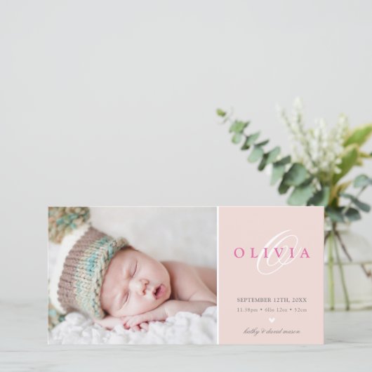 FOTO GEBOORTEAANKONDIGING zoete baby roze blos Aankondiging (Staand voorkant)