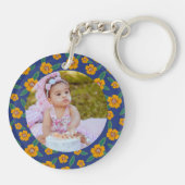 Foto geel Bloemen patroon Monogram Naam blauw Sleutelhanger (Achterkant)