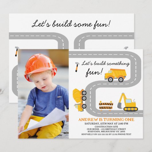 Foto Geel Bouw Leuke Bouw 1e Verjaardag Kaart (Voorkant / Achterkant)