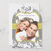 Foto Geel & Grijs  Vogel Damask Wedding Kaart (Achterkant)
