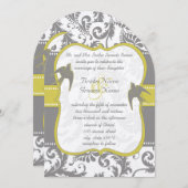 Foto Geel & Grijs  Vogel Damask Wedding Kaart (Voorkant / Achterkant)