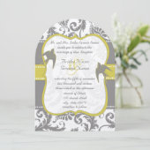 Foto Geel & Grijs  Vogel Damask Wedding Kaart (Staand voorkant)