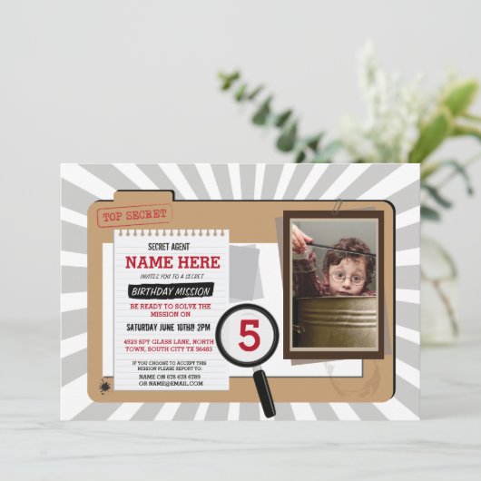 Foto Geheim Agent Verjaardag Detective Uitnodigen Kaart (Staand voorkant)