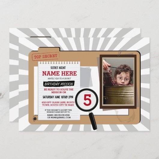 Foto Geheim Agent Verjaardag Detective Uitnodigen Kaart (Voorkant / Achterkant)