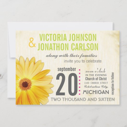 Foto: Gele Gerber Daisy Wedding Invitations Kaart (Voorkant)