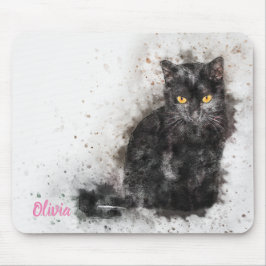 Foto gemaakt door mooie zwarte kat en trendy muismat