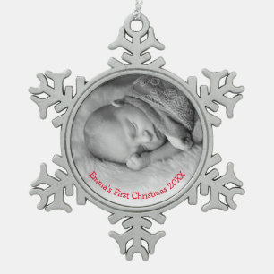 Foto Genderneutrale rode baby's, eerste Kerstmis Tin Sneeuwvlok Ornament