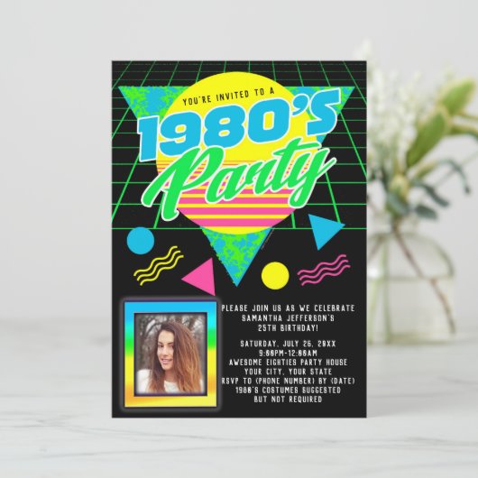 Foto Geometric 1980s Retro 80s Birthday Party Kaart (Staand voorkant)