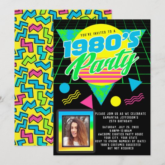 Foto Geometric 1980s Retro 80s Birthday Party Kaart (Voorkant / Achterkant)