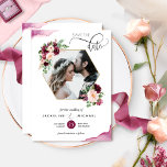 Foto, Geometrical Berry en Blush Floral Wedding Save The Date<br><div class="desc">Maak je trouwdag bekend met deze mooie trouwfoto, behalve de date. Ontwerp met een prachtig geometrisch lijst met een foto-overlay voor bloemen die uw afbeelding laat zien. De snelle waterverf kleurt hoekdetails en moderne handgeschreven kalligrafie. Rug met dezelfde trapsgewijze waterverf vlekken en bloemkool in het midden met stelletjes met volledige...</div>