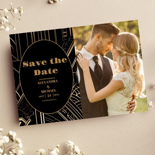 Foto Geometrische Art Deco bruiloft Save The Date