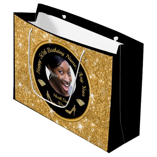 Foto gepersonaliseerd, 50th Birthday Gift Bags, Ha Groot Cadeauzakje (Voorkant Gekanteld)