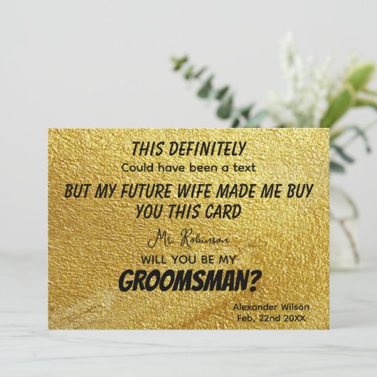 Foto gepersonaliseerd Funny Modern Gold Groomsmen Kaart (Staand voorkant)