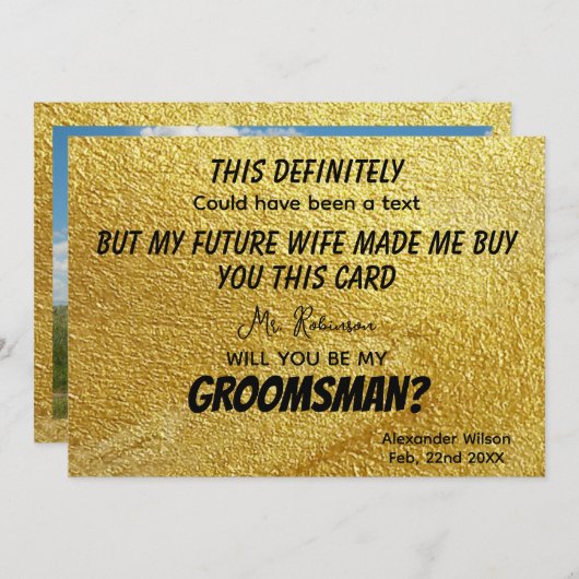 Foto gepersonaliseerd Funny Modern Gold Groomsmen Kaart (Voorkant / Achterkant)