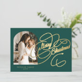 Foto gepersonaliseerd Merry Kerstelegant script Feestdagenkaart (Staand voorkant)