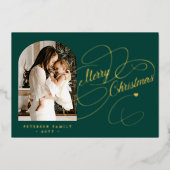 Foto gepersonaliseerd Merry kerstscript gold Folie Feestdagenkaart (Voorkant)
