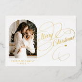 Foto gepersonaliseerd Merry kerstscript gold Folie Feestdagenkaart (Voorkant)