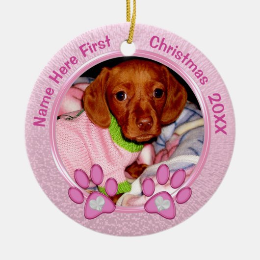 Foto gepersonaliseerde honden Eerste Kerstkerstver Keramisch Ornament (Voorkant)