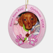 Foto gepersonaliseerde honden Eerste Kerstkerstver Keramisch Ornament (Links)