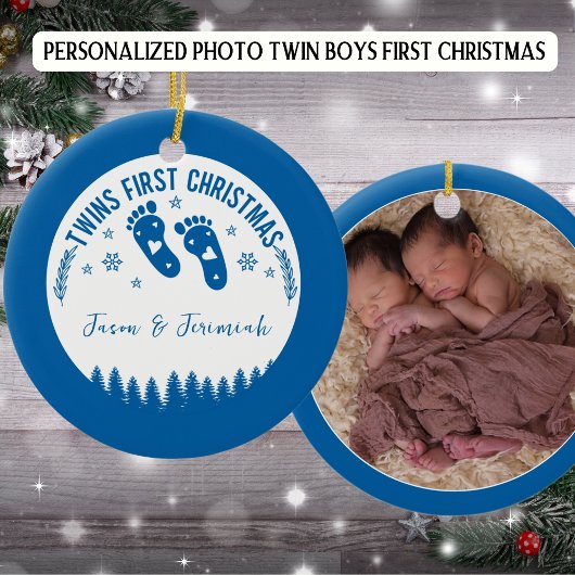Foto Gepersonaliseerde Twin Boys Eerste Kerstdag Keramisch Ornament