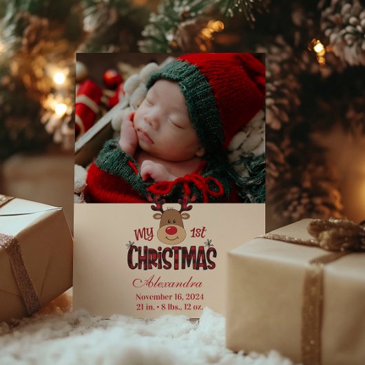 Foto geplakt rendier Baby eerste kerst Feestdagenkaart