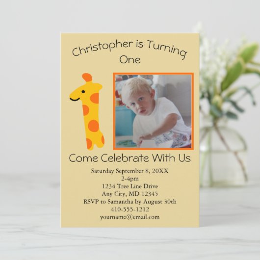 Foto Giraffe Oranje en Geel 1e verjaardag Kaart (Staand voorkant)