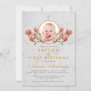 Foto: Girl Baptism Pink Magnolia First Birthday Kaart