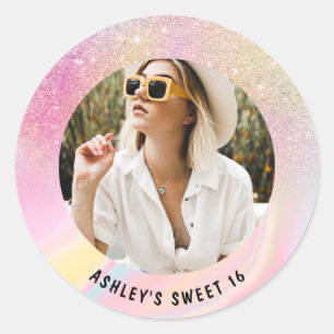 Foto girly chic roze glitter marble Sweet 16 Ronde Sticker