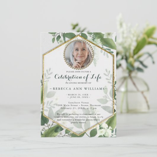 Foto: Glitter Foliage Greenery Celebration of Life Kaart (Staand voorkant)