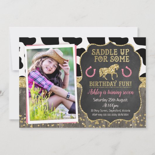 Foto Glitter Horse Birthday Invitation Kaart (Voorkant)