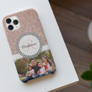 Foto Glitter Rose Goud Diamant Monogram iPhone 12 Hoesje