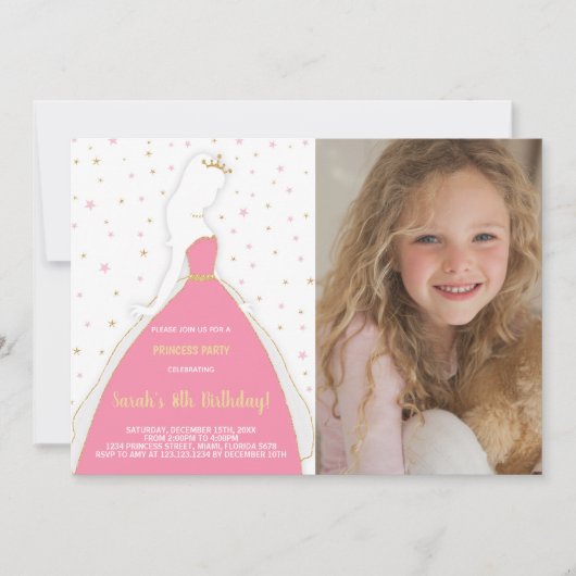 Foto Glitter Roze Prinses Verjaardag Uitnodigingen (Voorkant)