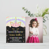 Foto Glitter Zwart Eenhoorn Verjaardag Uitnodiging (Staand voorkant)