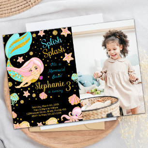 Foto Glitter Zwart Zeemeermin Verjaardag Uitnodigi Kaart