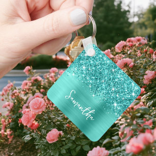 Foto Glitterig Teal Turquoise Glam Schrift Naam Sleutelhanger