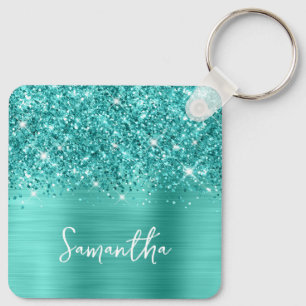 Foto Glittery Blauwgroen Turquoise Glam Script Nam Sleutelhanger