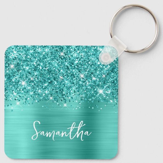 Foto Glittery Blauwgroen Turquoise Glam Script Nam Sleutelhanger (Achterkant)