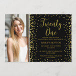 Foto Gold Black 21st Birthday Uitnodiging<br><div class="desc">Deze eenvoudige maar zoete foto 21ste verjaardagsuitnodiging bevat een grote nepgouden glitterkop en polka stippen op een zwarte achtergrond. De achterkant van de uitnodiging is roze met hetzelfde faux roze pokkenpatroon. De sjabloon is zeer gemakkelijk uit te geven. Voor meer dan 21e uitnodiging gaan design naar de winkel. Deze meisjes...</div>