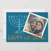 Foto Gold Blue Menorah Hanukkah Kaart (Voorkant)