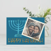 Foto Gold Blue Menorah Hanukkah Kaart (Staand voorkant)