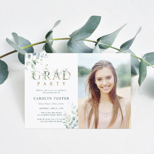 Foto Gold Botanical Letter Graduation Party Kaart