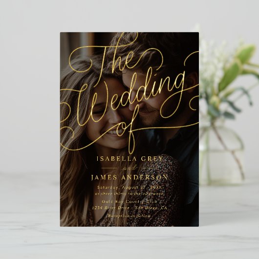 Foto Gold Calligraphy Script Wedding Folie Uitnodiging (Staand Voorkant)