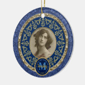 Foto Gold Classic Damask Herdenkingsblauw Keramisch Ornament (Links)