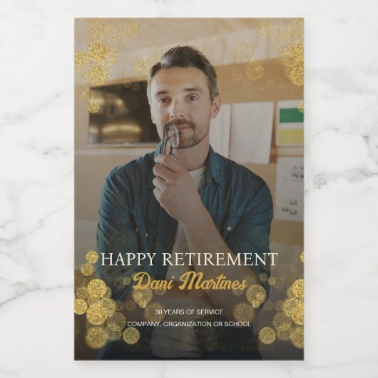 Foto Gold Confetti Happy Retirement Party Wijn Etiket (Enkel label)