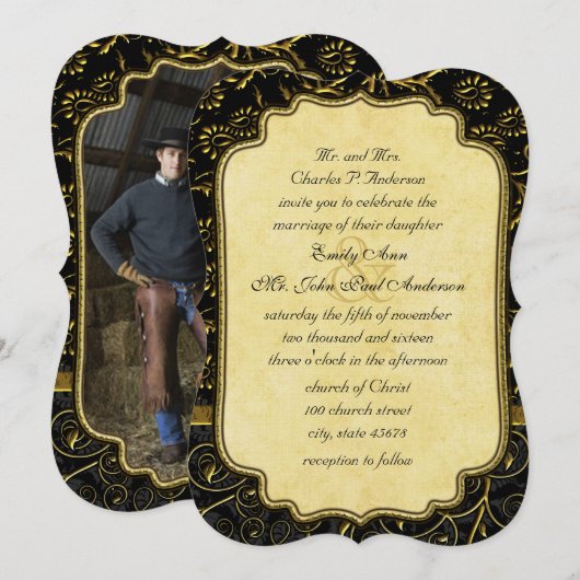Foto Gold Damask Swirls Wedding Invitation Kaart (Voorkant / Achterkant)